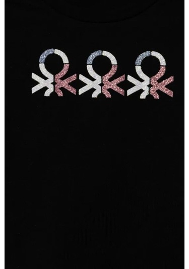Kız Çocuk Siyah Simli Logo Baskılı T-shirt Siyah