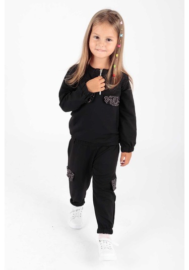 Ahengim Kız Çocuk Cepleri Baskılı Eşofman Takımı Ak2232 Siyah