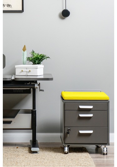 Creo Mobili Çekmeceli Kilitli Tekerlekli Vega Keson, Oturulabilir Ofis Ve Ev Komodini, Antrasit/sarı