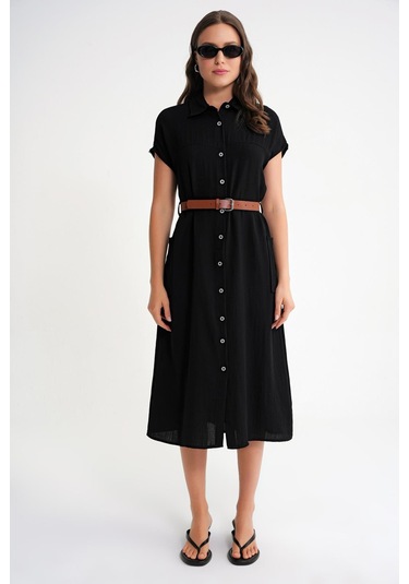 4453 Kadın Keten Cepli Midi Kemerli Elbise Siyah Siyah