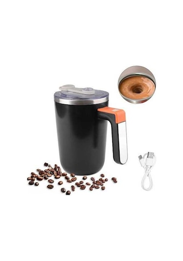 Pazly 304 Çelik Şarjlı Kahve Kupası - 300ml, 55 C, Su Geçirmez, Otomatik Karıştırıcı, Siyah/ Siyah