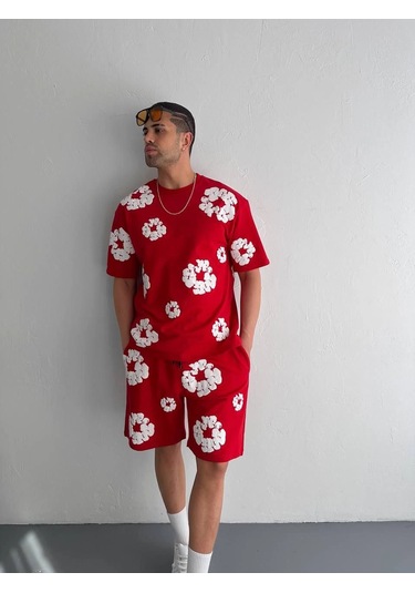 İki İplik Kumaş Baskılı T-shirt Şortlu Takım- Kırmızı Çok Renkli