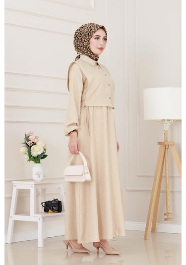 Yanları Bağlamalı Elbiseli Takım-bej-5022 Bej
