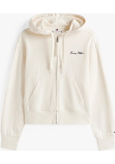 Tommy Hilfiger Kadın Yazı Baskılı Pike Fermuarlı Kapüşonlu Beyaz Sweatshirt Ww0ww45742ya8 Beyaz