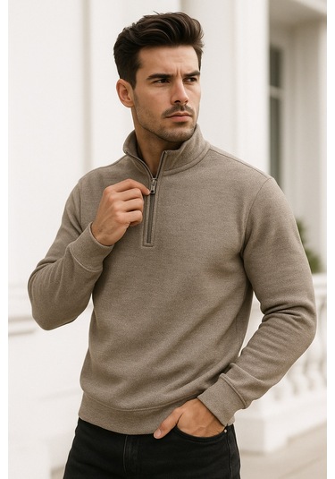 Rich Erkek Bej Yarım Fermuarlı Sweatshirt Bej