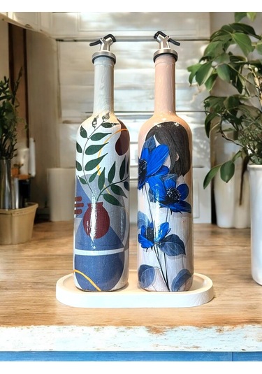 El Yapımı Mavi Çiçekli Kız Desenli Sunum Stantlı 75 Ml Zeytinyağı Sıvıyağ Şişesi Yağdanlık 2 Li Set Mavi