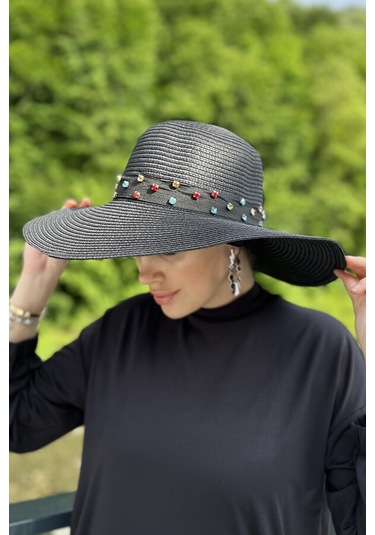 Remsa Şerit Taşlı Hasır Şapka Rş-97 Siyah Siyah