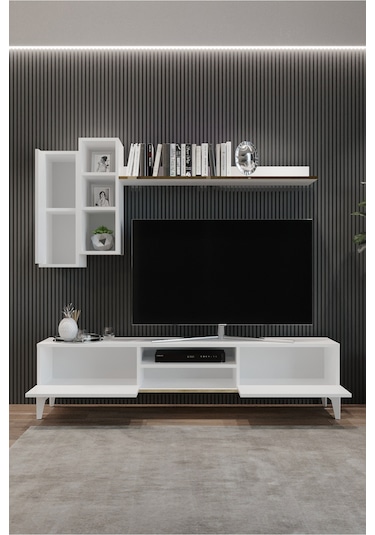 Tocco 1051 Mahur Modern Kitaplıklı Raflı Sehpa Tv Ünitesi-beyaz