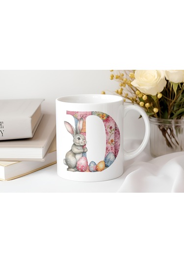 D Harfli Tavşan Kupa - Patchwork / Yamalı Desenli İsme Özel Kupa - Pastel Vintage Tarz Hediyelik Beyaz