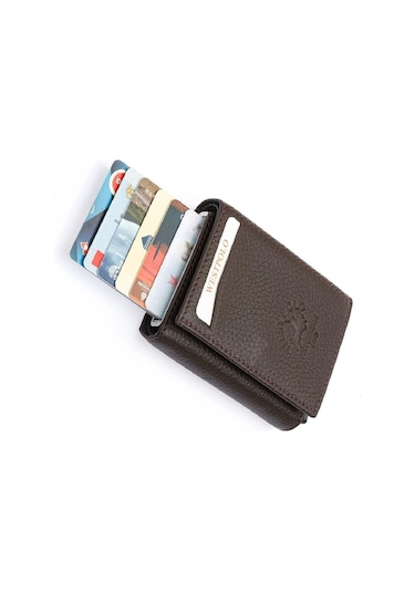 Safari Bol Kartlık Bölmeli Hakiki Deri Unisex Mekanizmalı Cüzdan Kahverengi