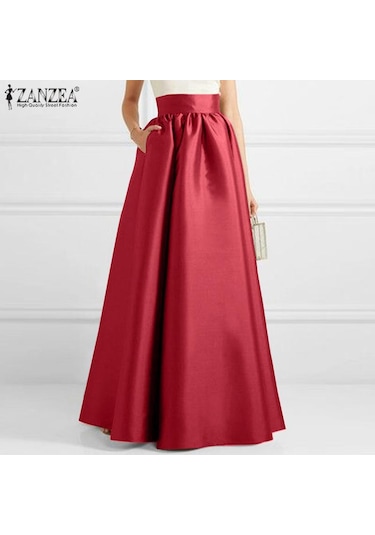 Zanzea Kadın Moda Yüksek Bel A-line Saten Etekler Düz Renk Parti Uzun Etekler Şarap Kırmızısı Kırmızı