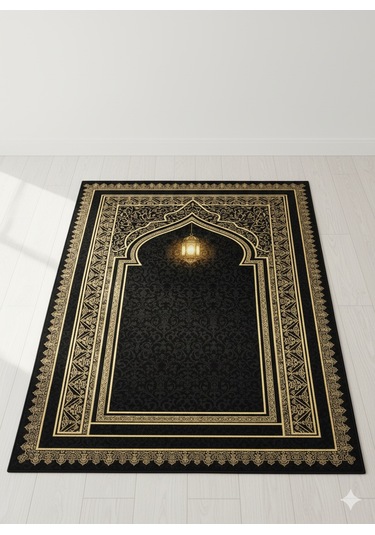Siyah Seccade Ve Namazlık Dijital Baskılı Yumuşak Diz Acıtmaz Siyah - Altın