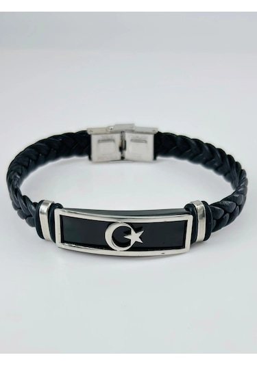 Siyah Deri / Çelik Erkek Deri Bileklik 20 Cm - Ebl0125 Çok Renkli