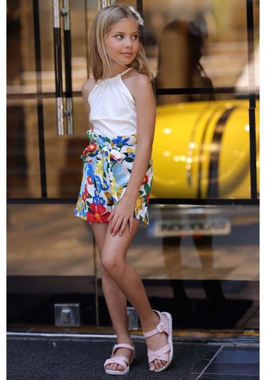 Riccotarz Kız Çocuk Renkli Flower Baskı Ve Halter Yaka White Bluz Şortlu Takım 001