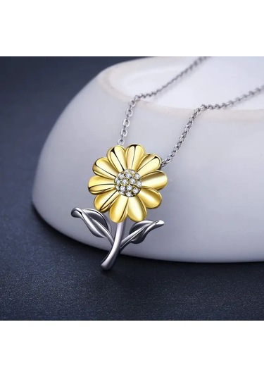 Güneş Çiçeği Büyük Sarı Çiçek Ve Açık Renkli Kolye 925 Ayar Gümüş Zincir Çok Renkli