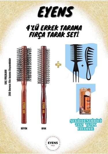 Eyens 4'lü Erkek Tarama Fırça Tarak Seti Şekillendirici Toz Wax Hediyeli