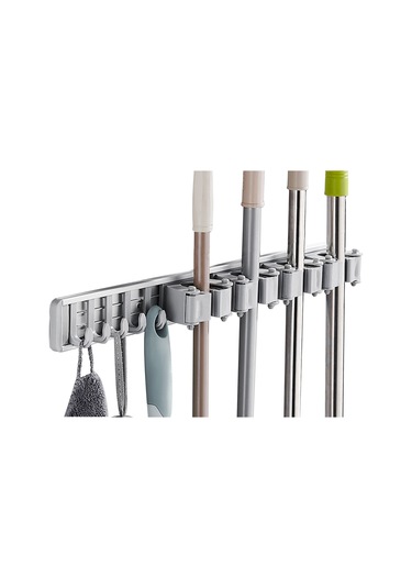 Kanca İle Mop Tutucu Süpürge Tutucu Deliksiz Duvara Monte Süpürge Askısı Organizatörü Alüminyum Depolama Rafı Mutfak Banyo Bahçe Gri