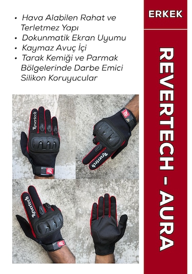 Revertech Aura Kırmızı - Dokunmatik Ekran Uyumlu Erkek Motosiklet Eldiveni + Buff li