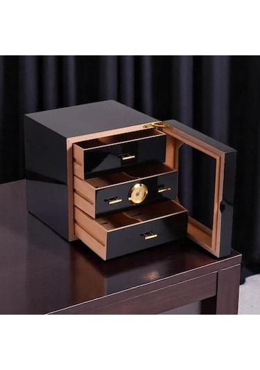 Cigarloong Camlı 3 Çekmeceli Puro Kutusu Humidor Siyah 60's