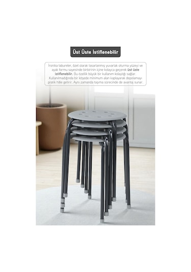 İronika Otto Metal Gövdeli Modern Tabure Mutfak Bahçe Taburesi - 4 Adet Gri Gri