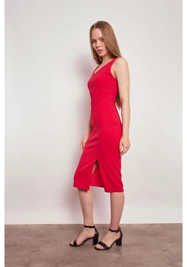 Likralı Krep Kumaş Ön Arka V Yaka Kolsuz Önden Yırtmaçlı Diz Altı Elbise-fujya Fujya