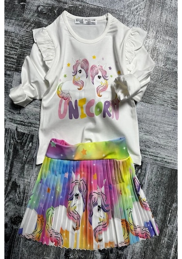 Unicorn Desenli Renkli Kız Çocuk Etekli Takım Kahverengi