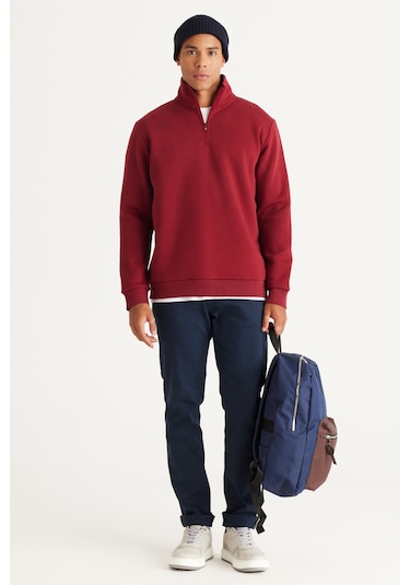 AC&Co / Altınyıldız Classics Standart Fit Normal Kesim İçi Polarlı Bato Yaka Pamuklu Erkek Sweatshirt Bordo