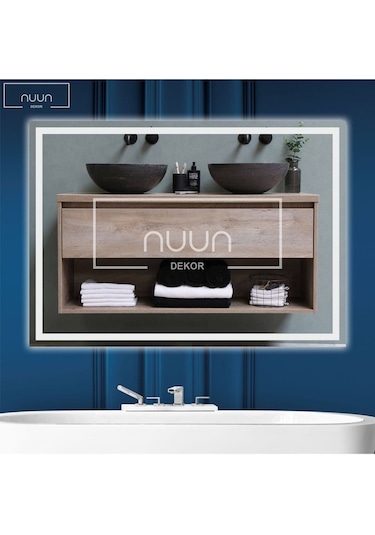 Nuun Dekor 80x60cm Beyaz Ledli Dekoratif Banyo Aynası Kumlamalı Duvar Aynası Trafolu Beyaz