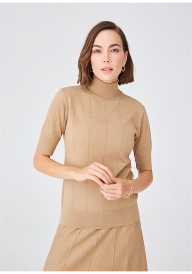 Peraluna Balıkçı Yaka Kısa Kollu Basic Kadın Triko Bluz Camel-Camel