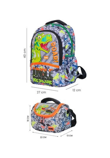 Wia Dinazor Baskılı Erkek Çocuk Okul Sırt Çantası Ve Isı Yalıtımlı Beslenme Çantası Seti - Yeşil Çok Renkli