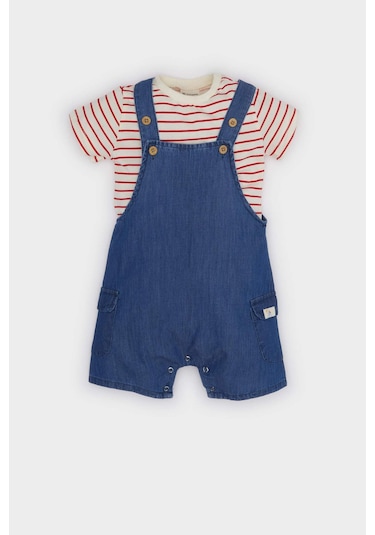 DeFacto Erkek Bebek 2'li Takım Çizgili Kısa Kollu Tişört Jean Salopet Tulum E7934A525SMBE394 Mavi