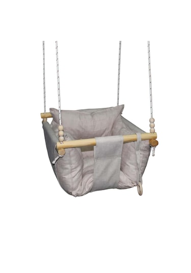 Ahşap Çocuk & Bebek Salıncağı Krem Rengi Minder Yastık Ve Diş Halkalı Tavan Salıncak