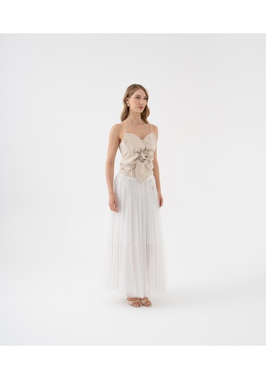 Tül Katmanlı Uzun Şifon Etek Ekru