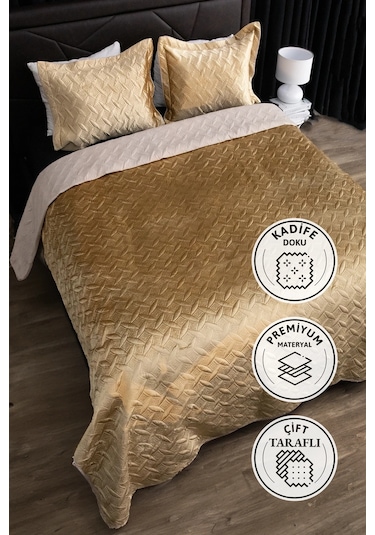 Queen Kadife Çift Kişilik Yatak Örtüsü - Gold