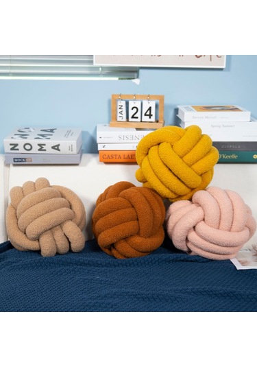 Düğümlü Top Atmak Yastık Kuzu Yün Rulo Kanepe Atmak Yastık 22cm-9 Ekru