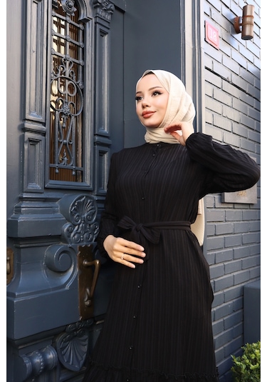 Kadın Siyah Boydan Düğmeli Eteği Piliseli Kuşaklı Lara Keten Uzun Tesettür Elbise Siyah