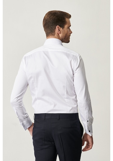 AC&Co / Altınyıldız Classics  ERKEK BEYAZ LACIVERT Damatlık Ata Yaka Tailored Slim Fit Gömlek Lacivert