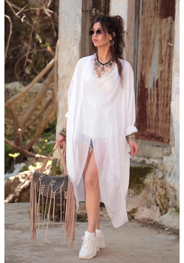 Italyan Ipek Detaylı Oversize Kaftan & Bluz-8711 Beyaz
