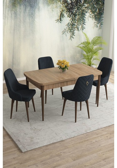 Meri Serisi 80x132 Açılabilir Mdf Meşe Masa Takımı 4 Lacivert Sandalye Kahve Ayak Antrasit