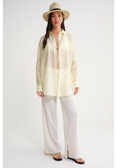 4667 Kadın İnce Oversize Modal Gömlek Sarı Sarı