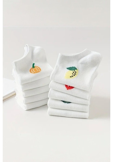 Kadın 10 Çift Premium Kalite Pamuklu Meyve Desenli Babet Çorap ASORTİ