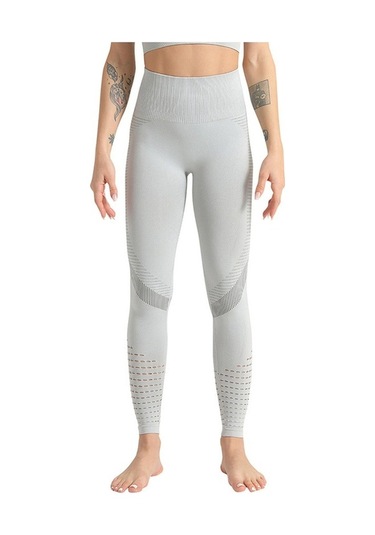 Fortunelane Kadın Yoga Taytları - Dar Kesimli, Yüksek Bel, Delikli Tasarım, Spor Ve Outdoor Kullanıma Uygun - Hafif Gri 6093 Açık Açık Gri