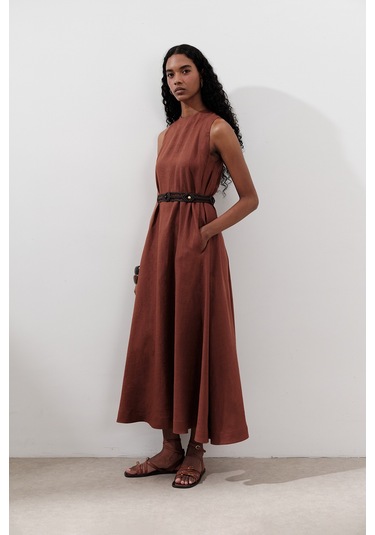 Keten Büzgülü Geniş Elbise Bakır Bakır