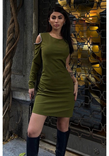 Kadın Yeşil Tek Kol Taşlı Dokuma Mini Elbise Yeşil