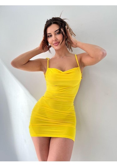 Pink Life Sarı Omuzdan Bağlamalı Sırtı Açık Bodycon-sarı