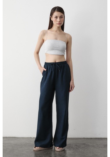 Lacivert Beli Lastikli Bol Paça Pantolon Lacivert