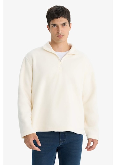 Defacto Relax Fit Yarım Fermuarlı Polar Sweatshirt F0448ax25auer140 Ekru-er140
