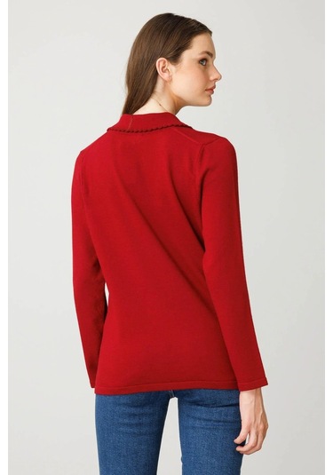 Desen Triko Polo Yaka Likralı Kadın Bluz 25091 Kırmızı