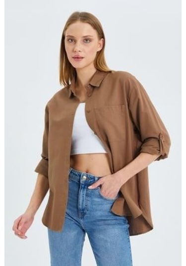 9942 Kadın Oxford Uzun Kol Basic Gömlek Vizon Vizon