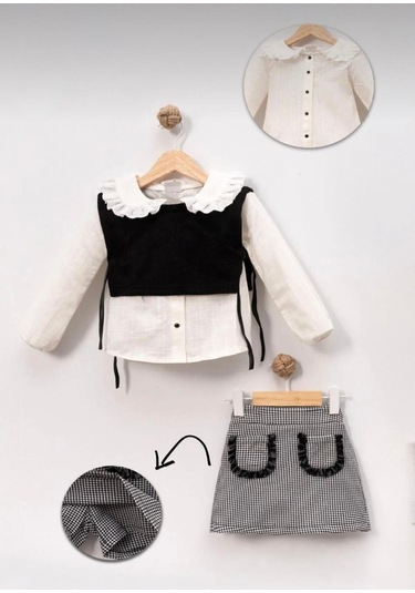 Kazağı Desenli Şort Etekli Cekenli 3 Lü Kız Çocuk Takım - Siyahbeyaz Siyah - Beyaz